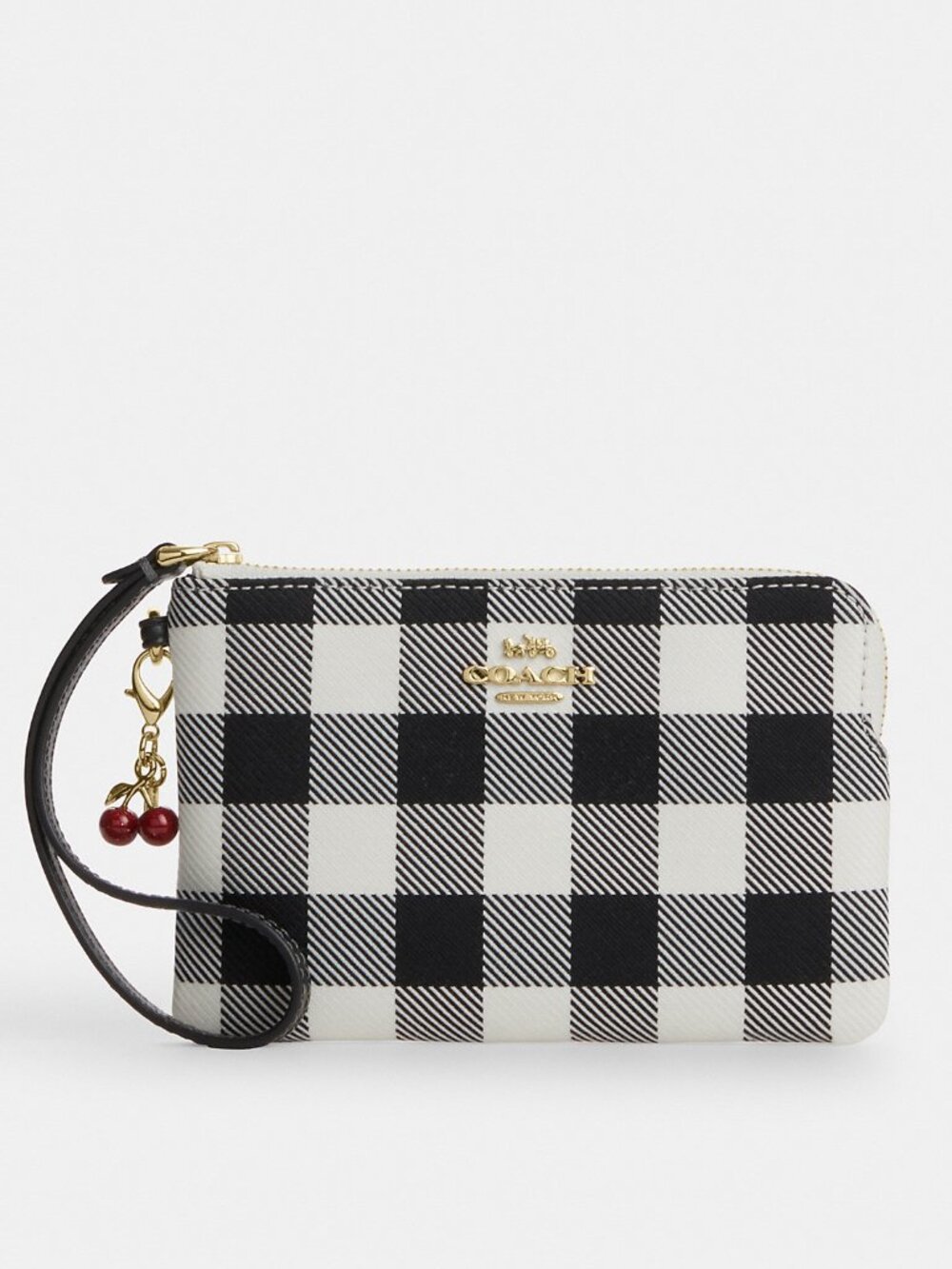 Coach Corner Zip Wristlet With Gingham Print And Charm